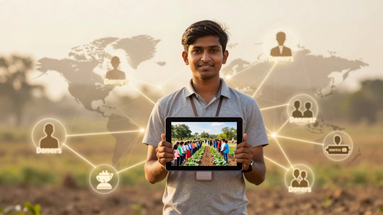Volunteer sharing a fundraising story on a tablet with connected donors.