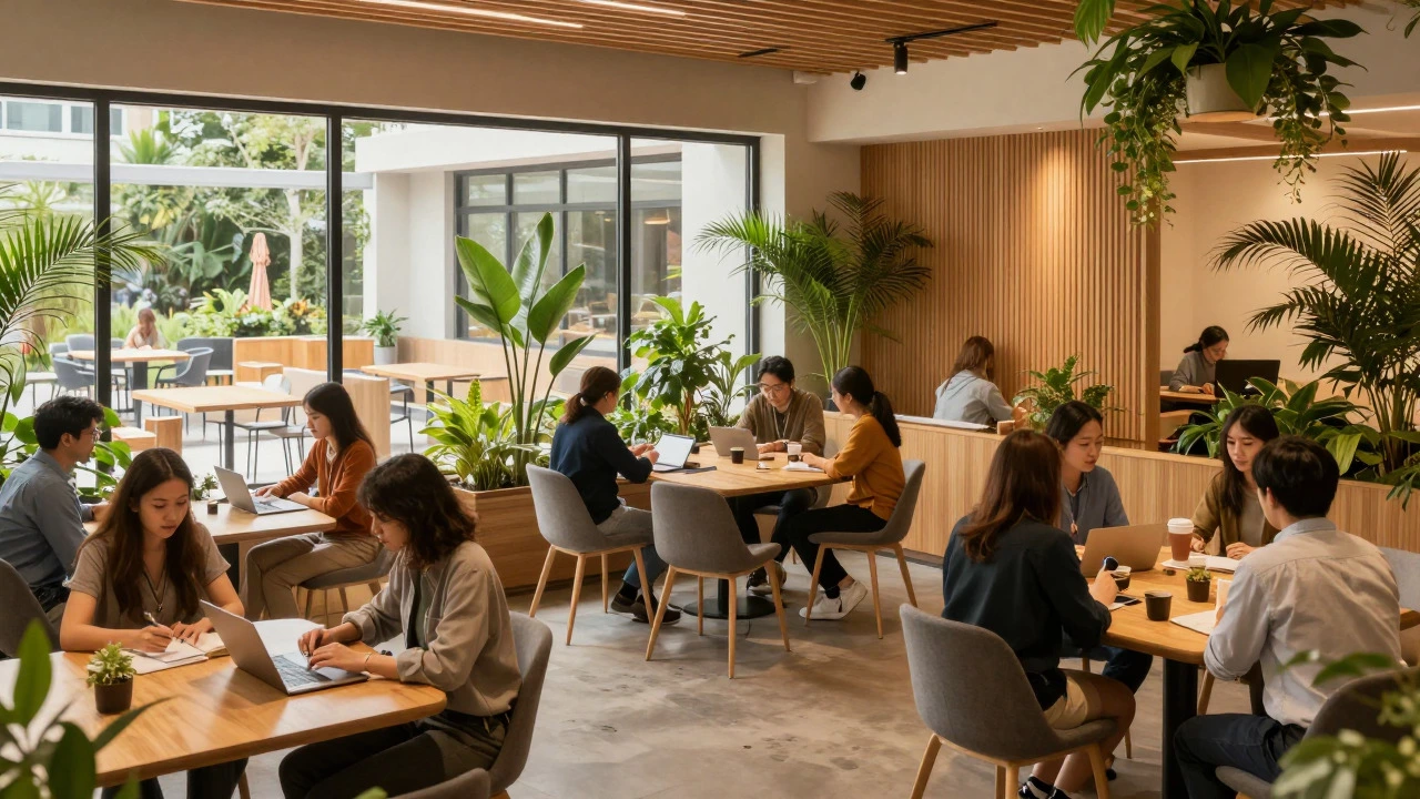 Biophilic office with plants and natural light fostering collaboration.