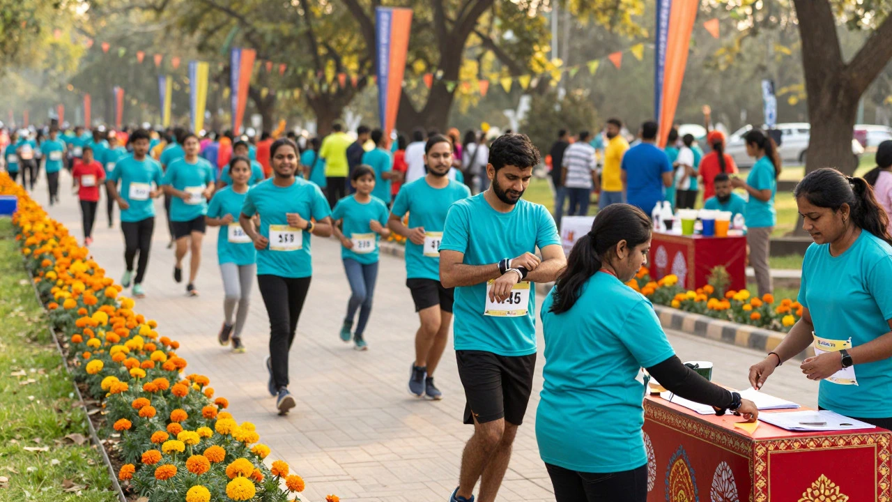 Crowd participating in a charity fun run in an Indian park