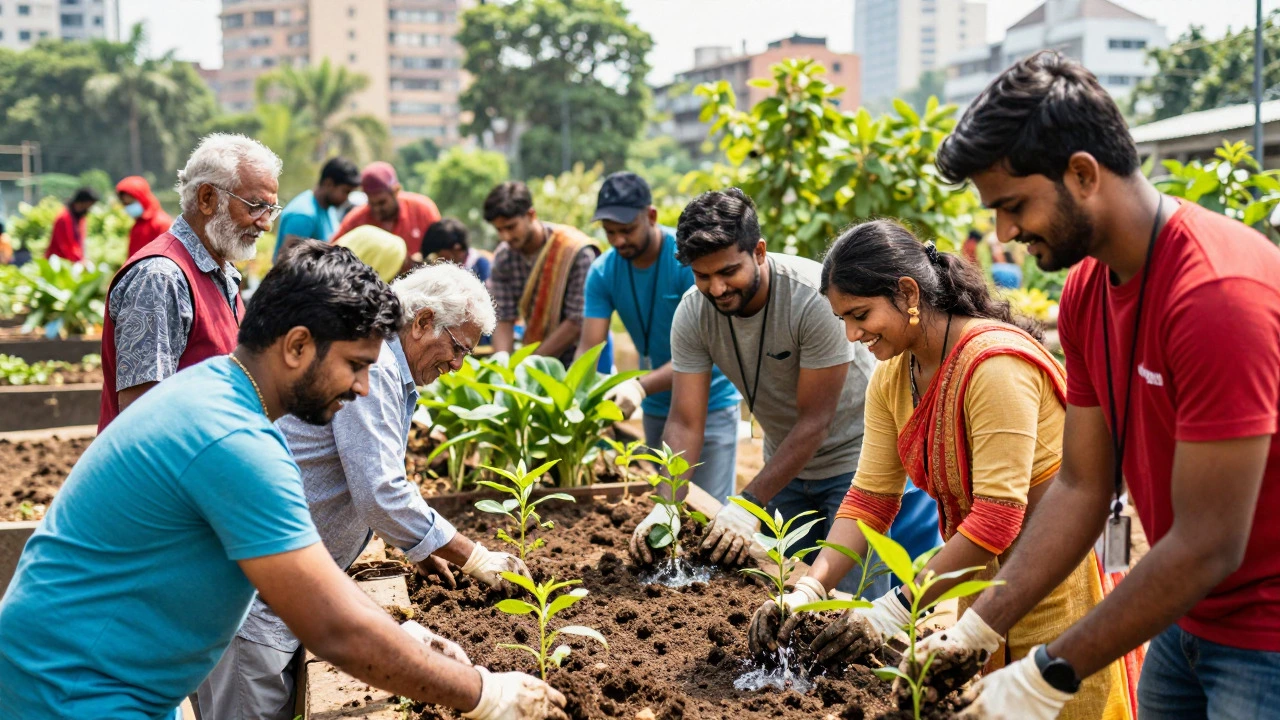 Diverse volunteers gardening together in an urban Indian park