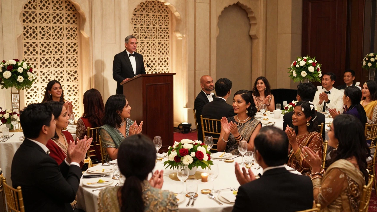 Donors applauding at a formal charity gala dinner