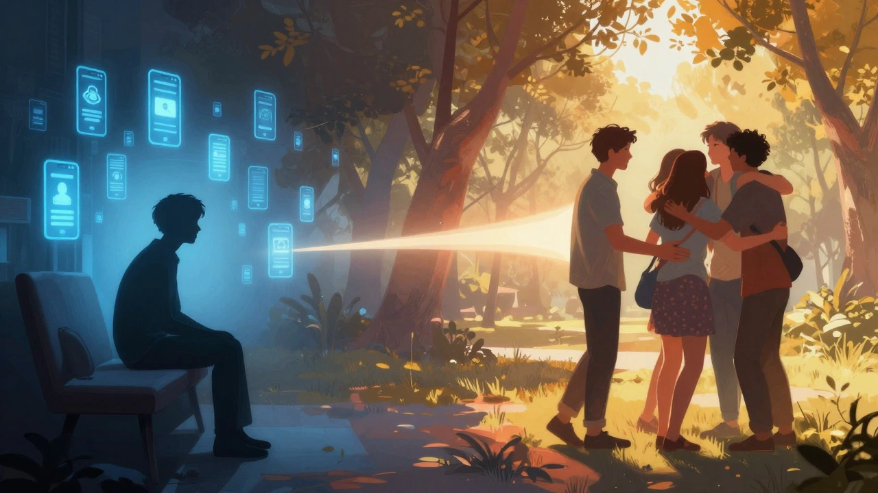 Illustration showing transition from online isolation to real hugs