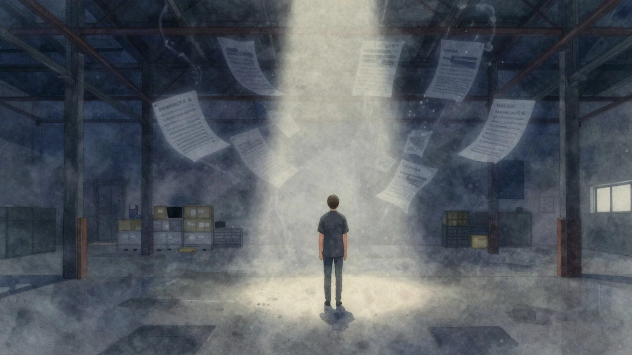 Lone figure in a large room representing isolation