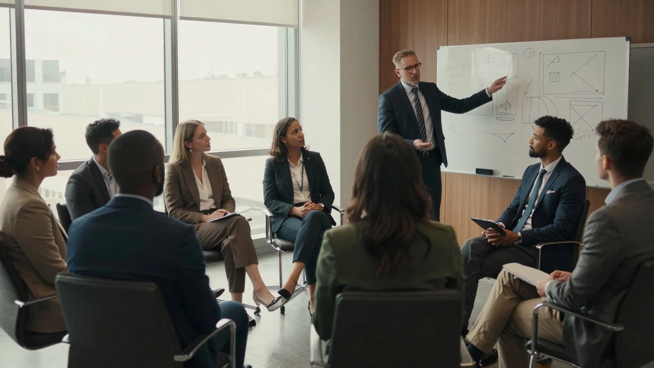 Nonprofit staff and board members discussing strategy in a meeting room