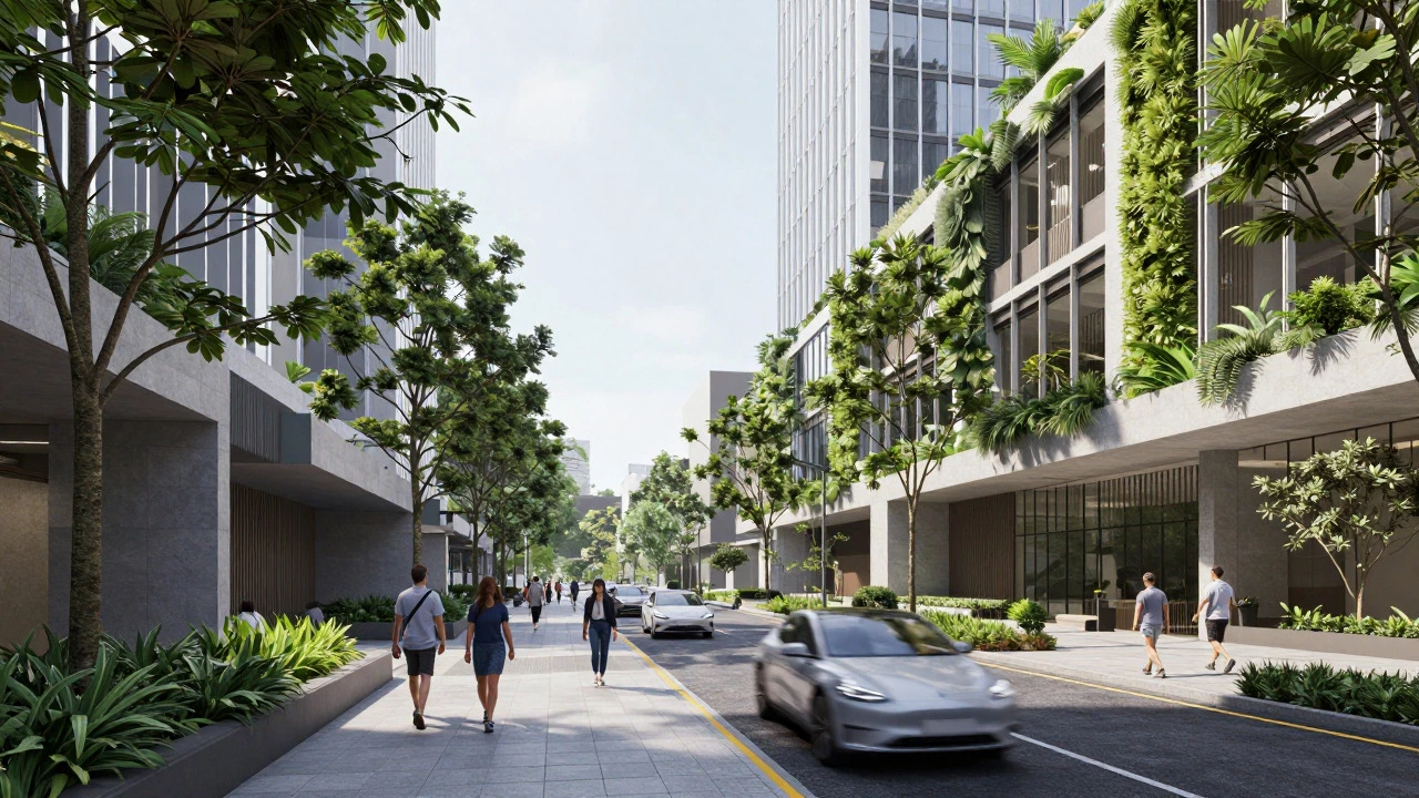 Pedestrian urban street with vertical gardens and tree-lined corridors.