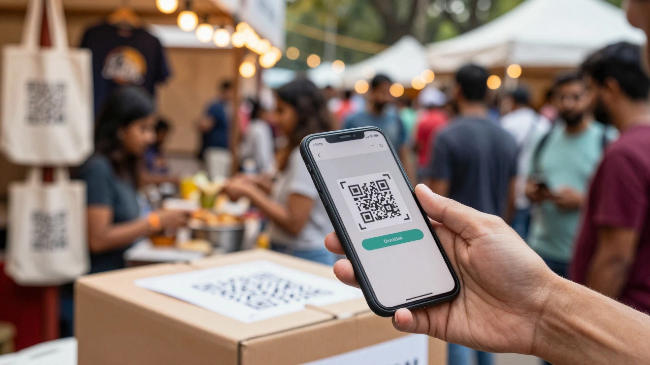 Person scanning a QR code on a donation box at a busy outdoor charity festival
