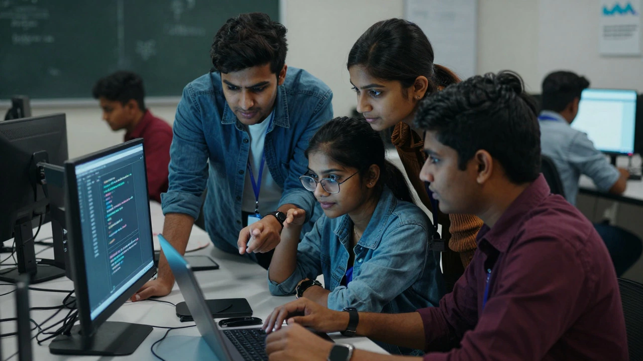 Senior students mentoring juniors during a collaborative coding session