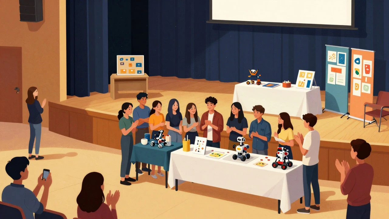 Students presenting their projects to parents at a school showcase event