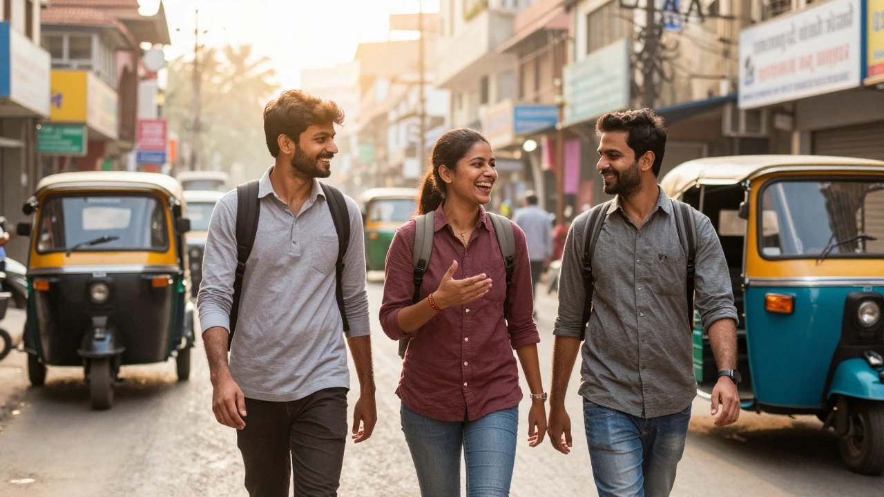 Three volunteers walking and talking on an Indian street