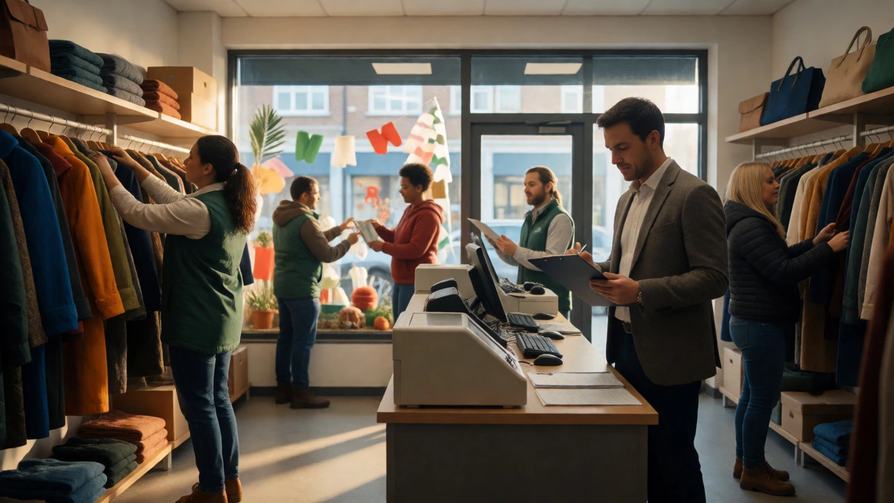 A store manager supervising volunteers working in a busy retail environment