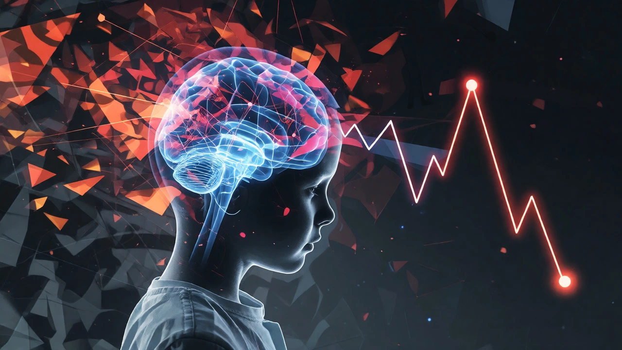 Abstract visualization of a child's brain depleting energy amidst rising stress hormones.