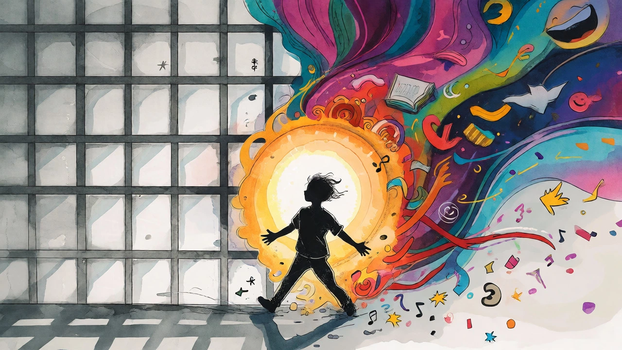 Artistic depiction of a child breaking free from rigid structure
