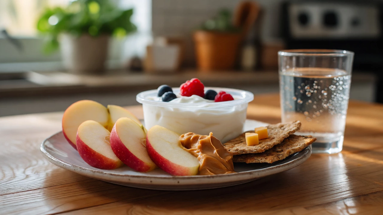 Close-up of a healthy after-school snack with apples, yogurt, and a glass of water.