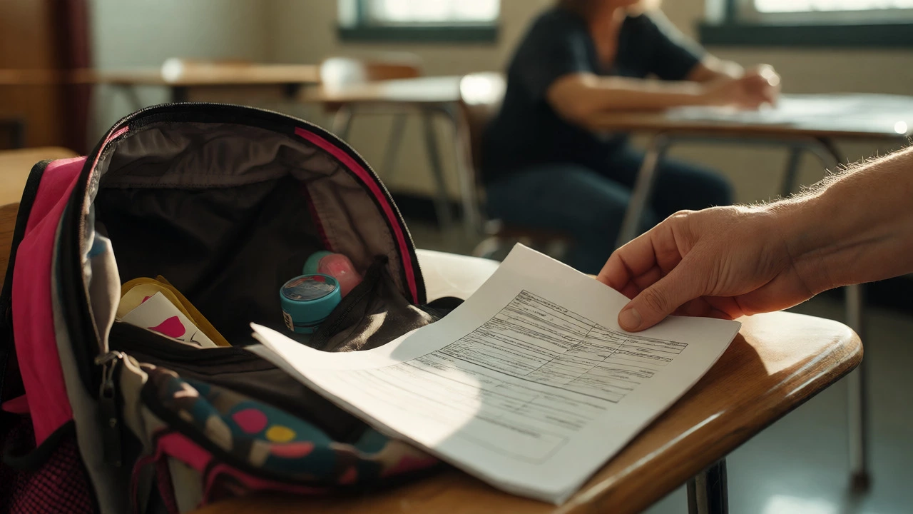 Close-up of a teacher's hand placing work on a desk, representing stability for a homeless child.