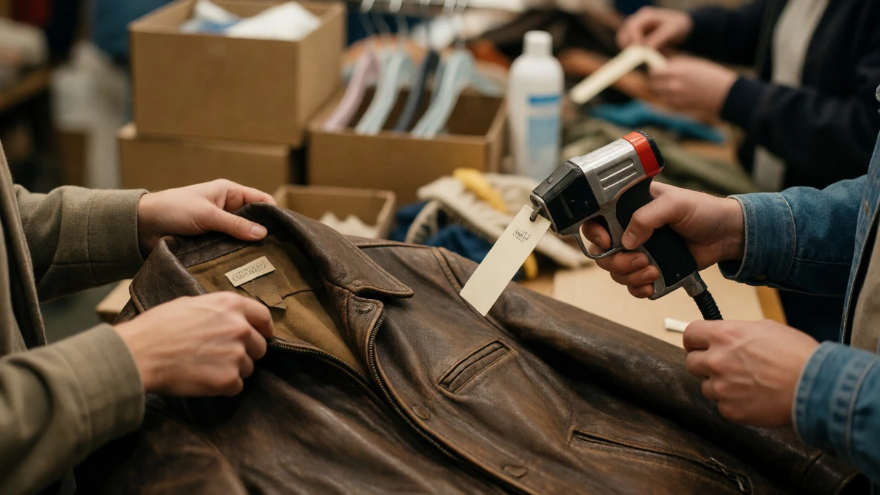 Close-up of hands inspecting and pricing vintage clothing in a stockroom