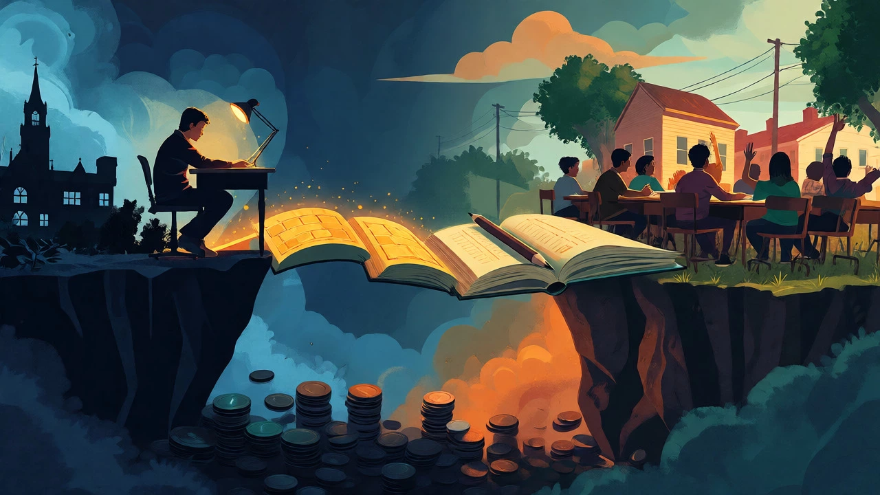 Conceptual art showing a golden bridge of books connecting a student to a high-need classroom.
