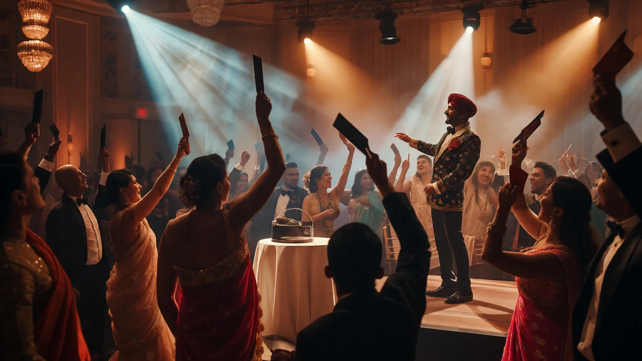 Guests raising auction paddles during a lively charity ball event