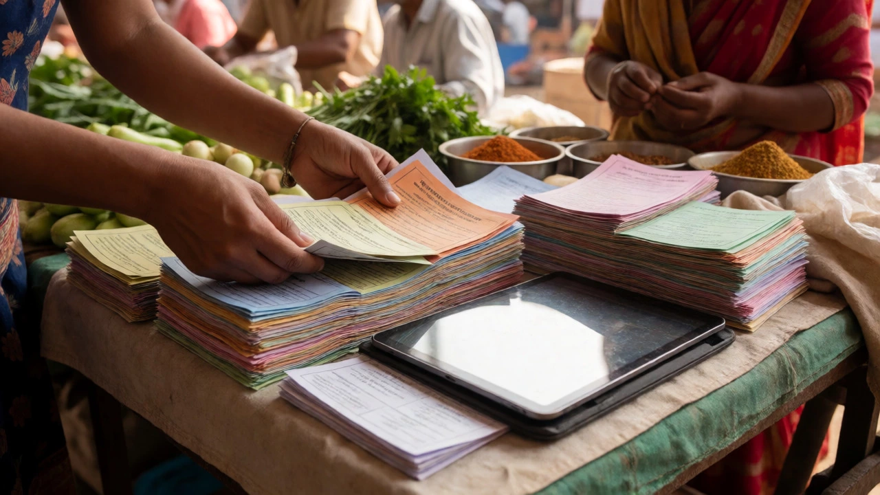 Hands organizing pamphlets and tablet at market stall