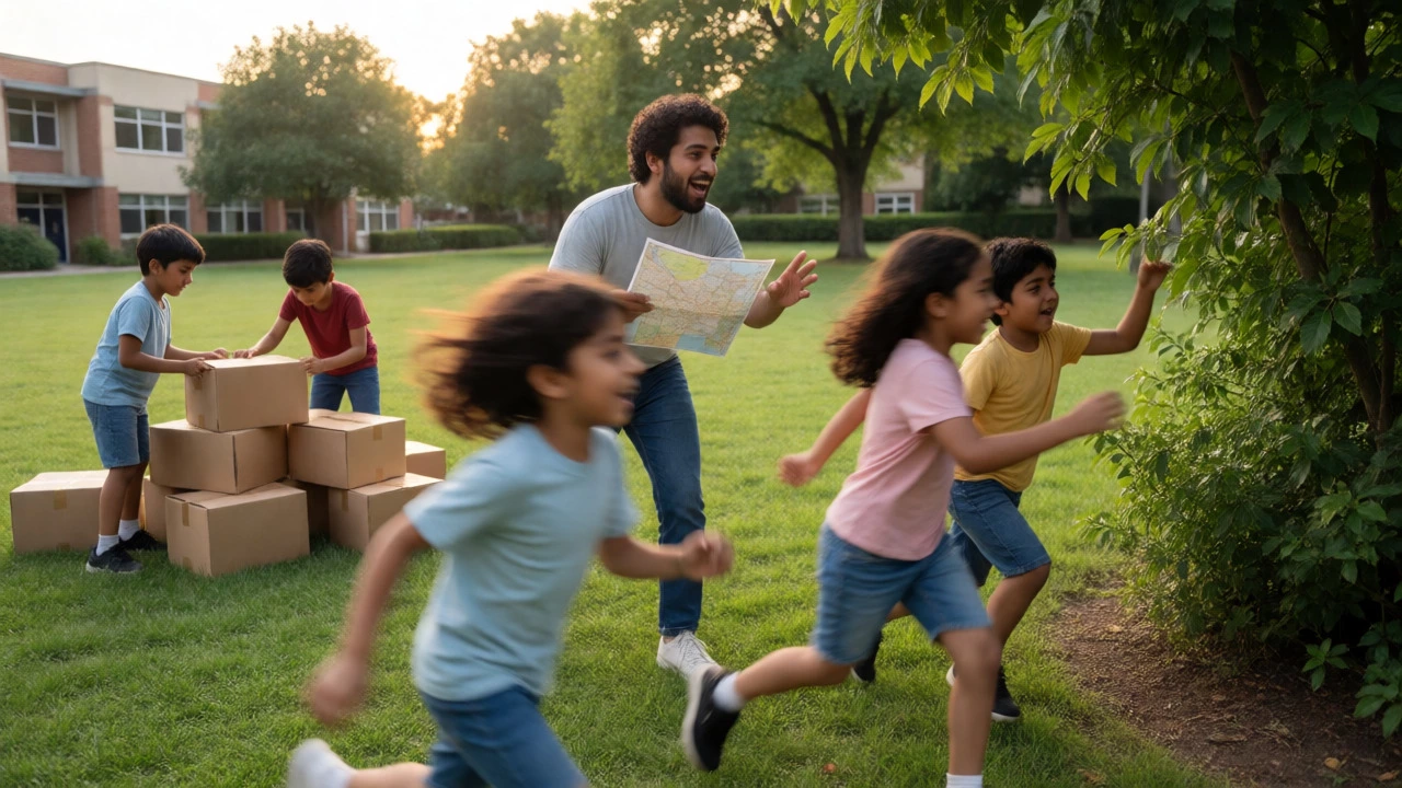 Kids participating in an outdoor nature scavenger hunt led by a mentor.