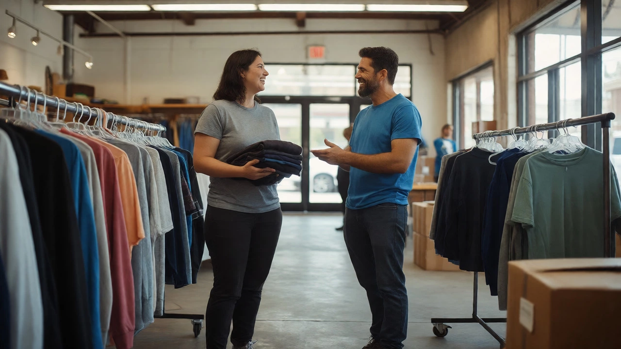 Two volunteers chatting while organizing clothes on racks