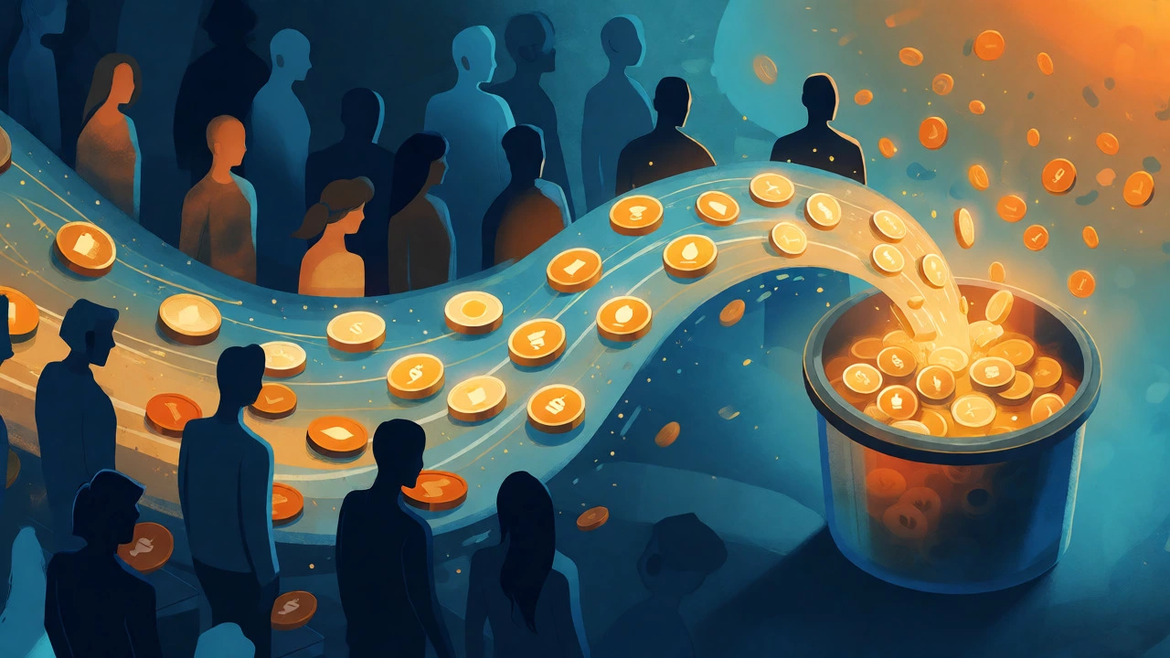 Abstract visualization of steady streams of small donations flowing into a central fund.