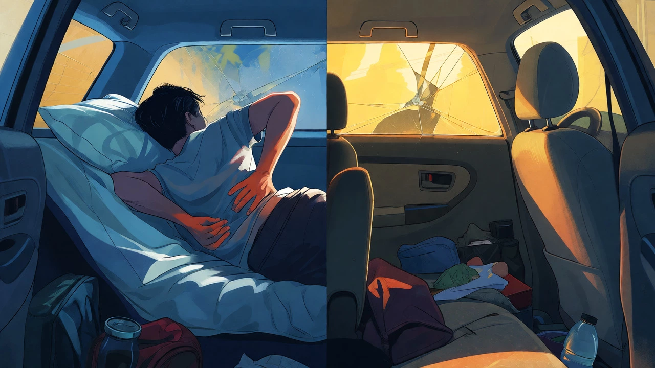 Awakening stiff and tired in the backseat of a cluttered car