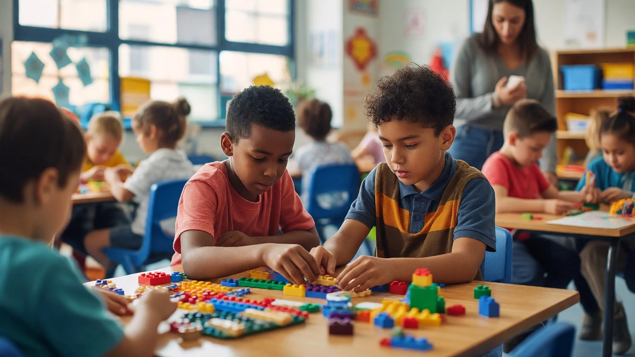 Children collaborating on a creative project under supervision in a bright room.