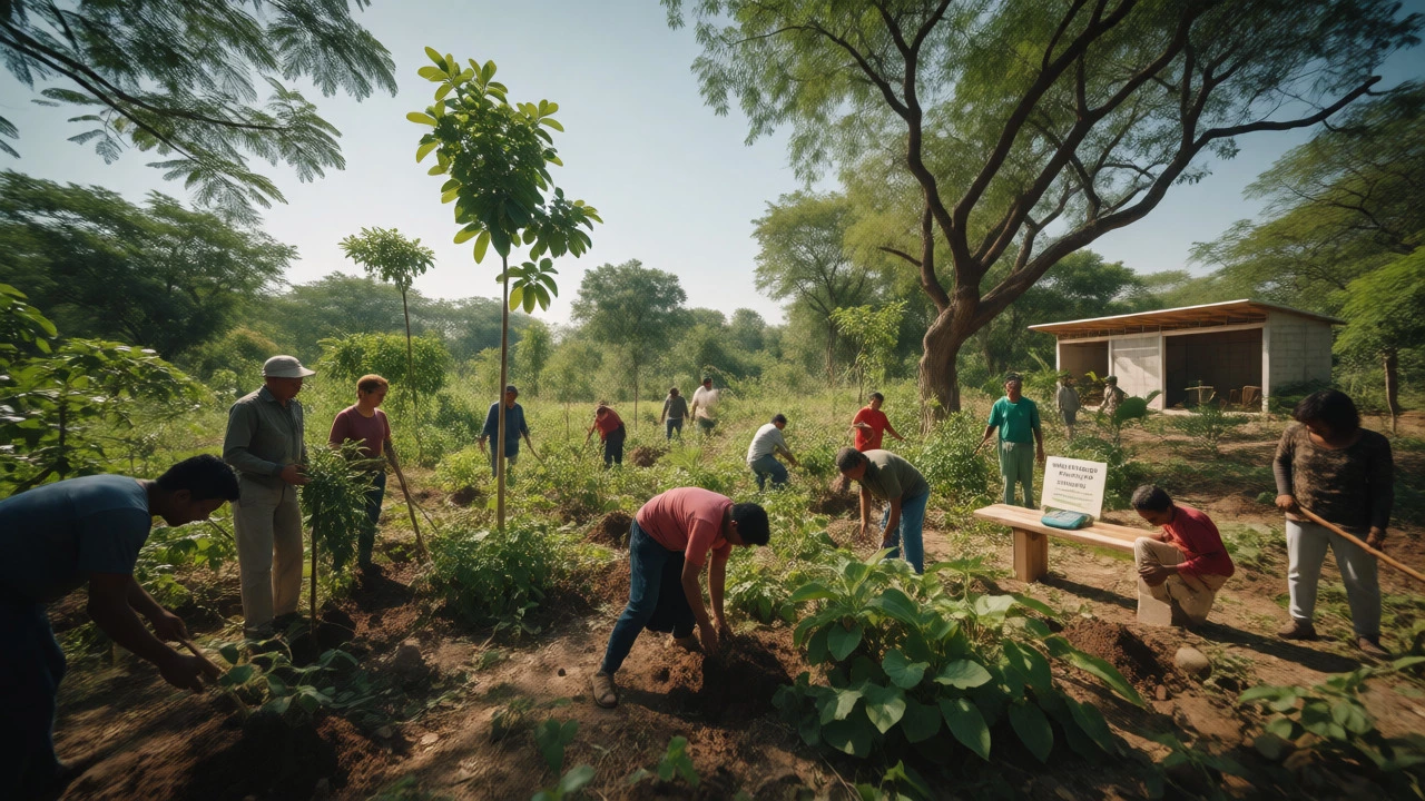 Community members planting trees in a garden, symbolizing combined time and financial support.