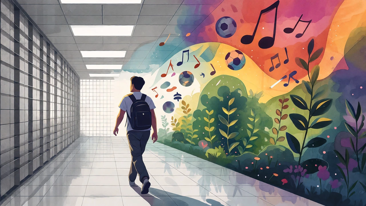 Conceptual art showing a student moving from academic stress to creative freedom.