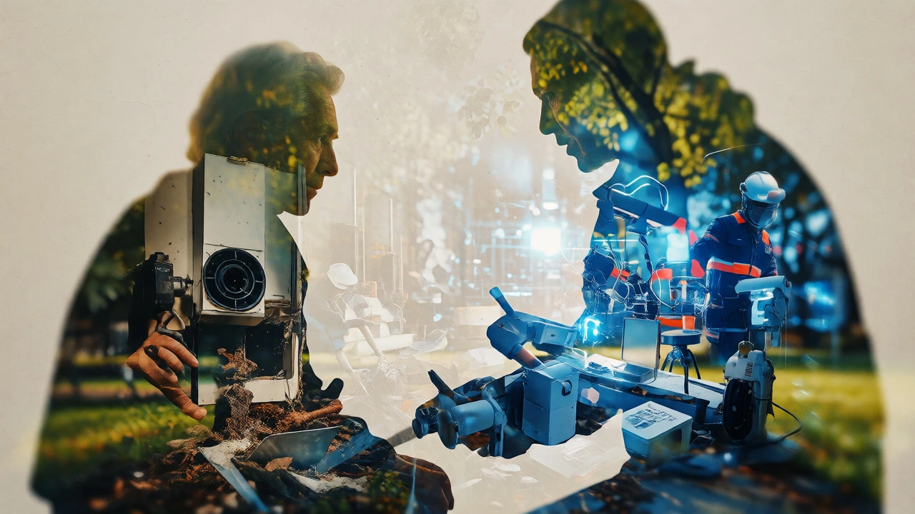 Double exposure art merging a volunteer mentoring session with images of emergency relief supplies.