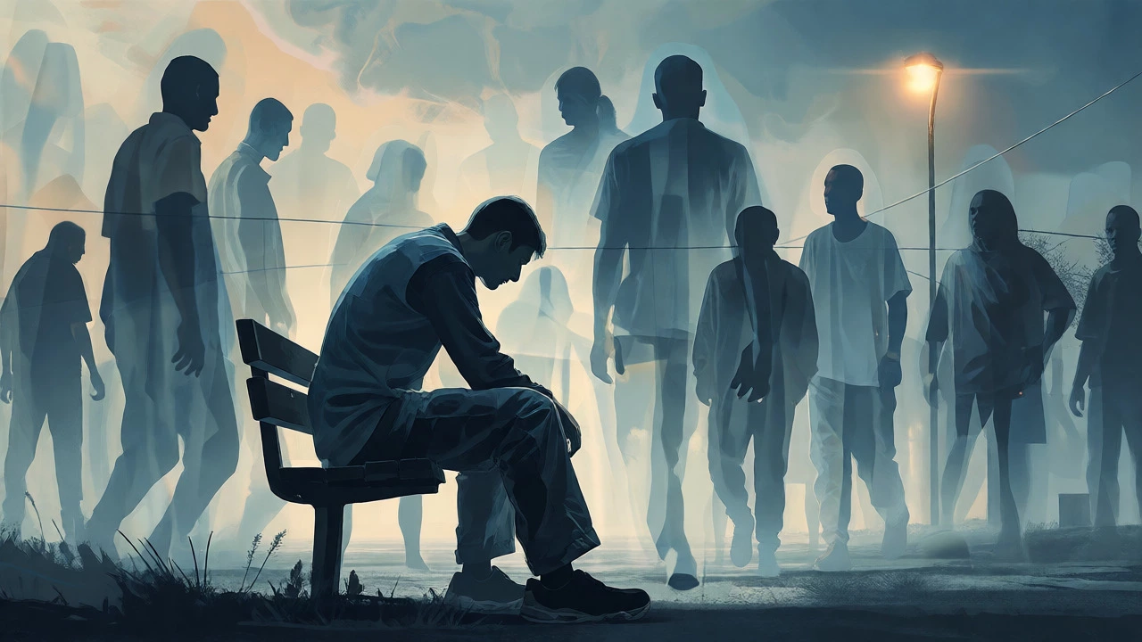 Exhausted volunteer surrounded by ghostly figures representing compassion fatigue.