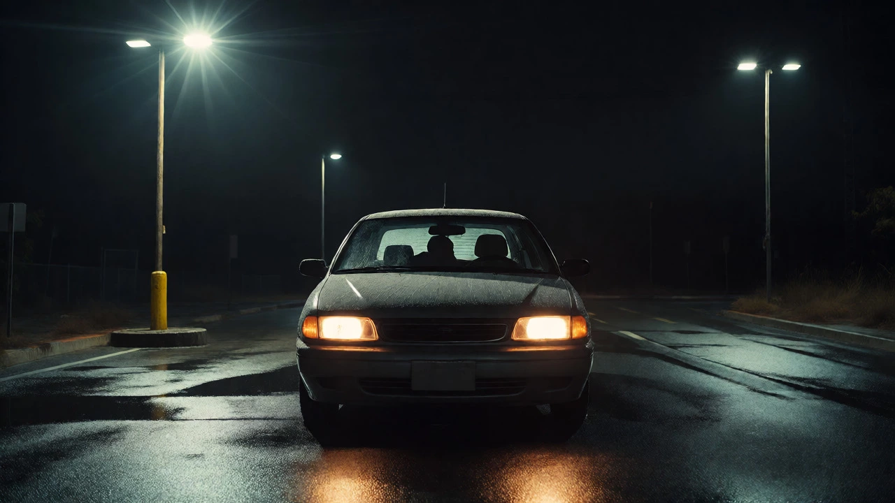 Lone car parked at a dimly lit rest stop during rainy night