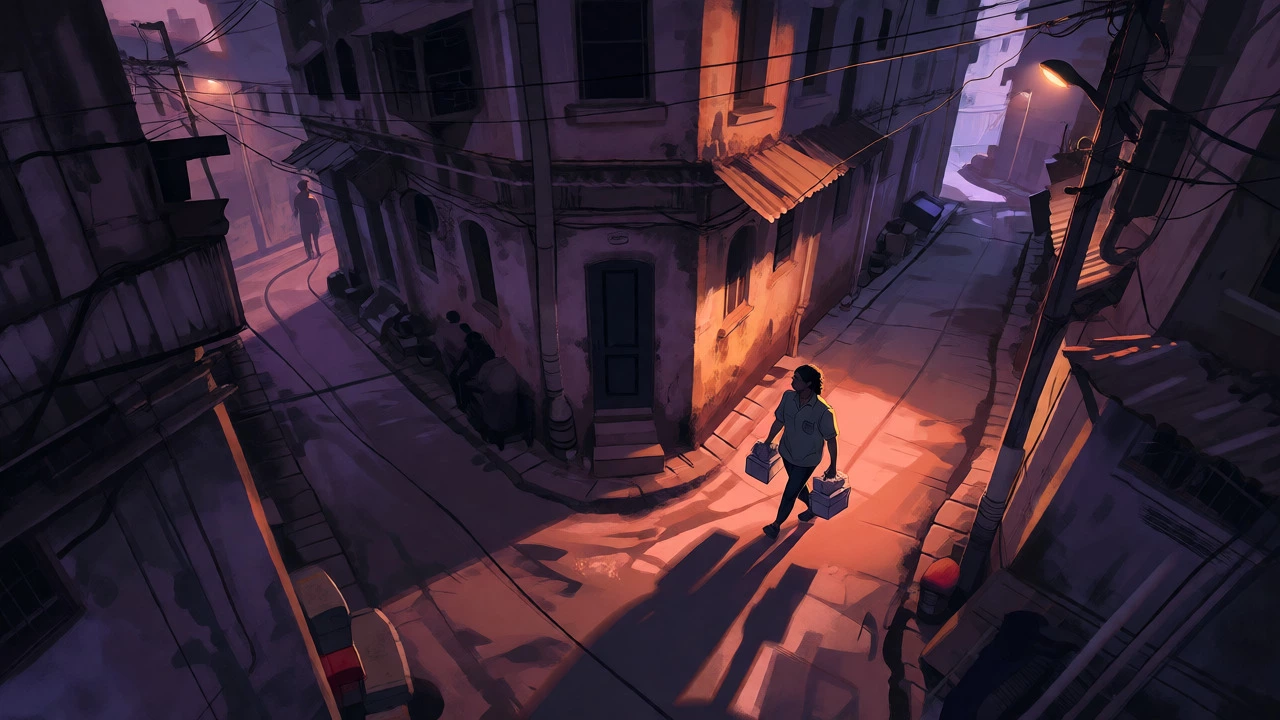 Lone volunteer walking cautiously through a dimly lit urban alleyway.