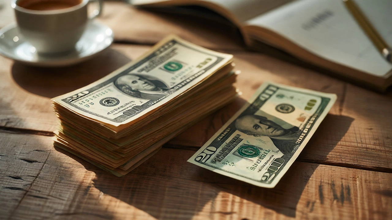 Macro shot comparing a stack of nineteen dollars against a single twenty-dollar bill on a desk.