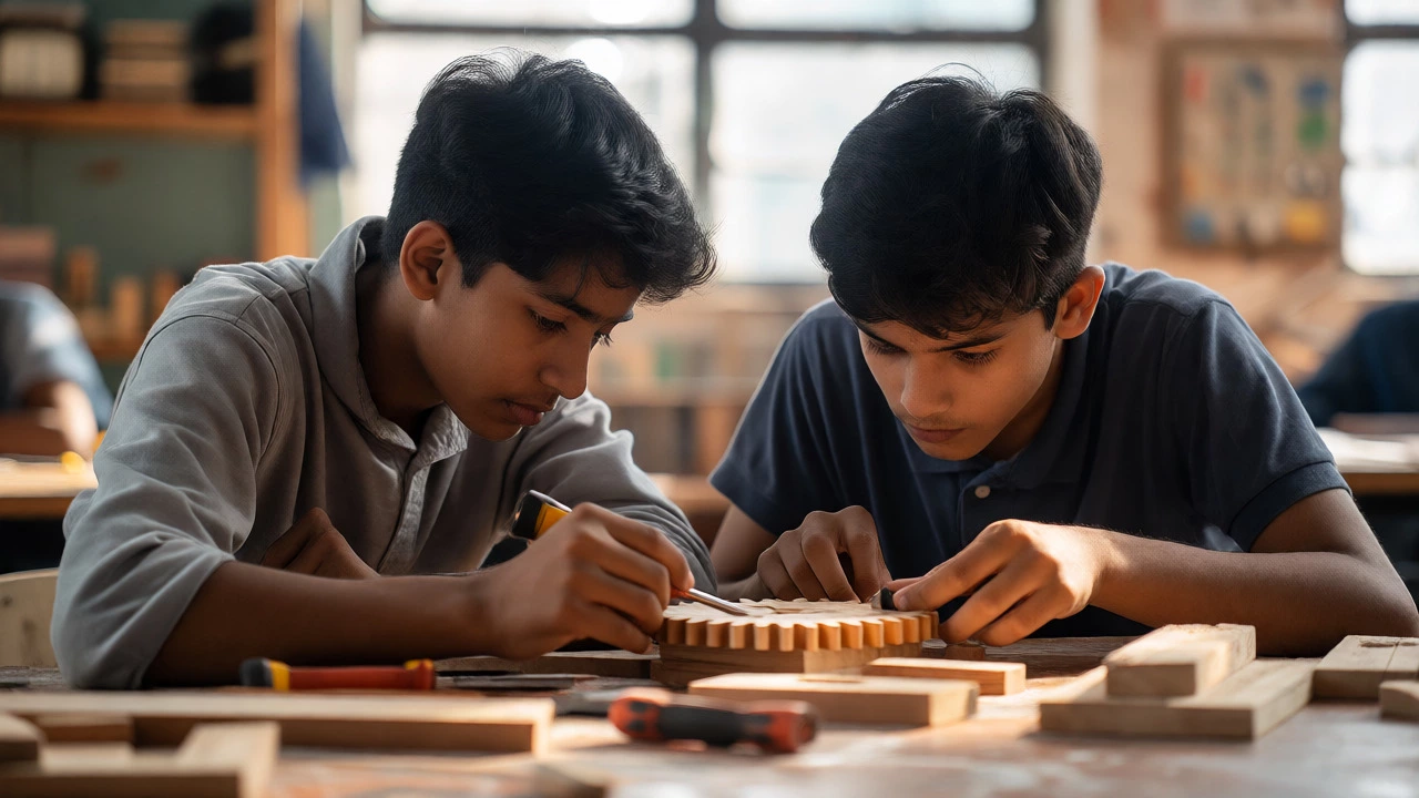 Two students collaborating closely on a wooden engineering project.