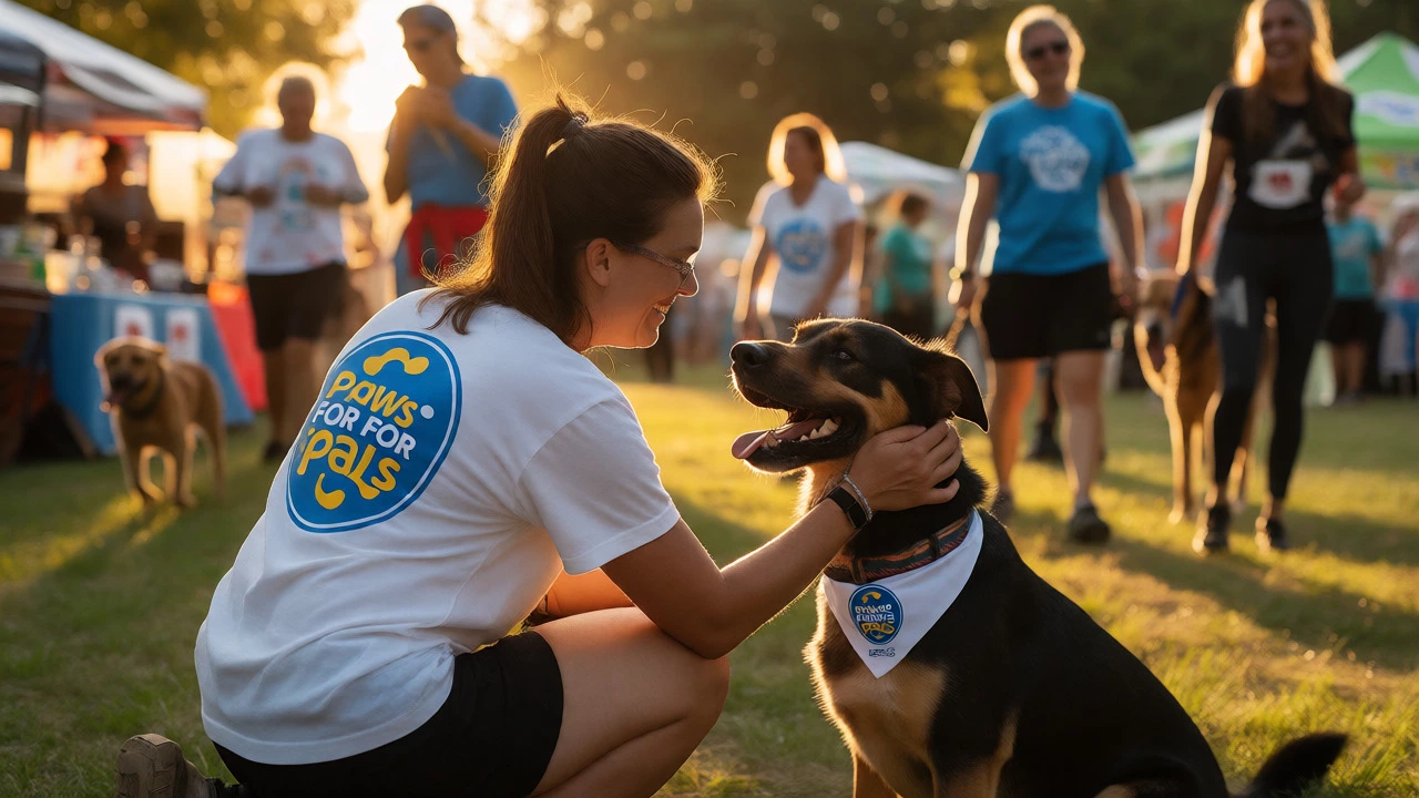 Volunteer petting a participating dog during a charity fun run with festive background activity.